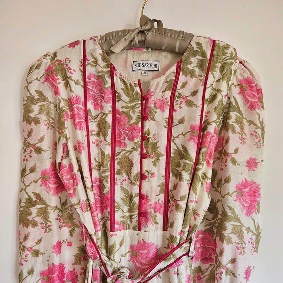 Sue Sartor Pink Floral Flounce Dress Cotton Midi Prairie Style Sz M‎ - Picture 8 of 11